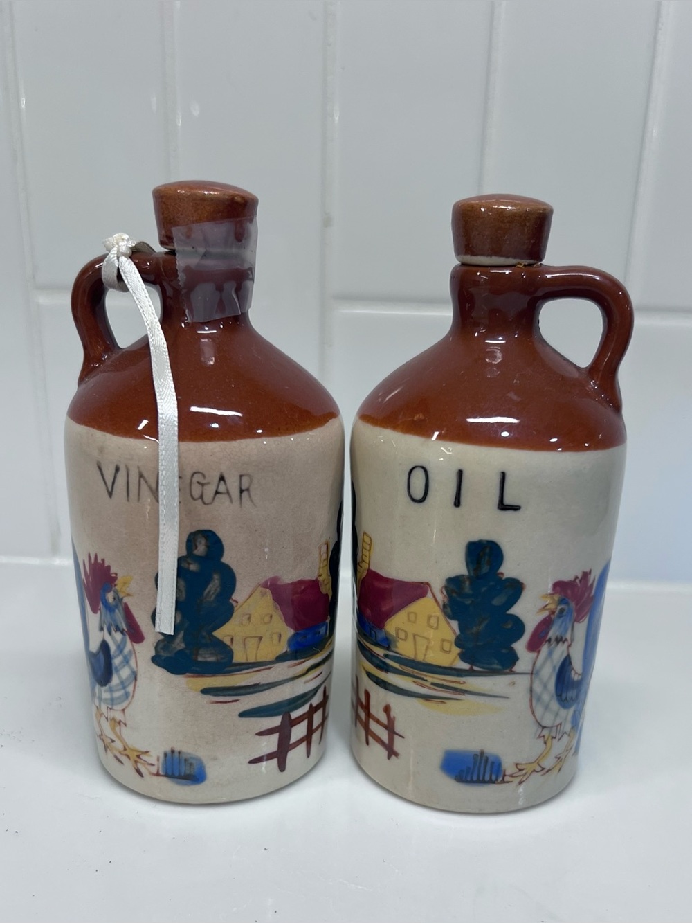 Vintage Oil & Vinegar Jug Ceramic Bottles Farm Scene W Rooster Japan Relco
